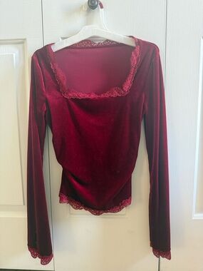 Velvet Lace Trim Long Sleeve Top - Dark Red Small
